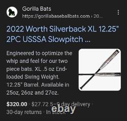 NEW 2022 Worth Silverback XL End Loaded WSB22U USSSA Slowpitch Softball Bat 26oz