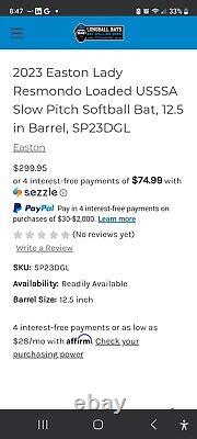 Nouveau! 2023 Easton Resmondo Sp23dgl Batte de softball à lancer lent USSSA 34/26.5